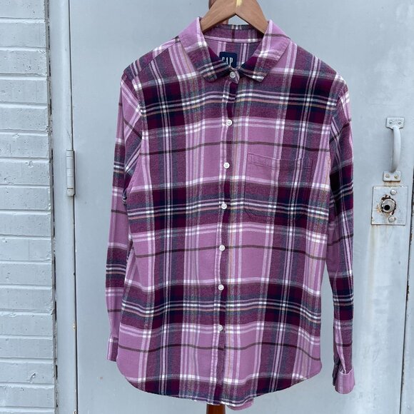 Women's GAP Medium Purple Plaid Long Sleeve Button Down Flannel Shirt - Picture 14 of 16